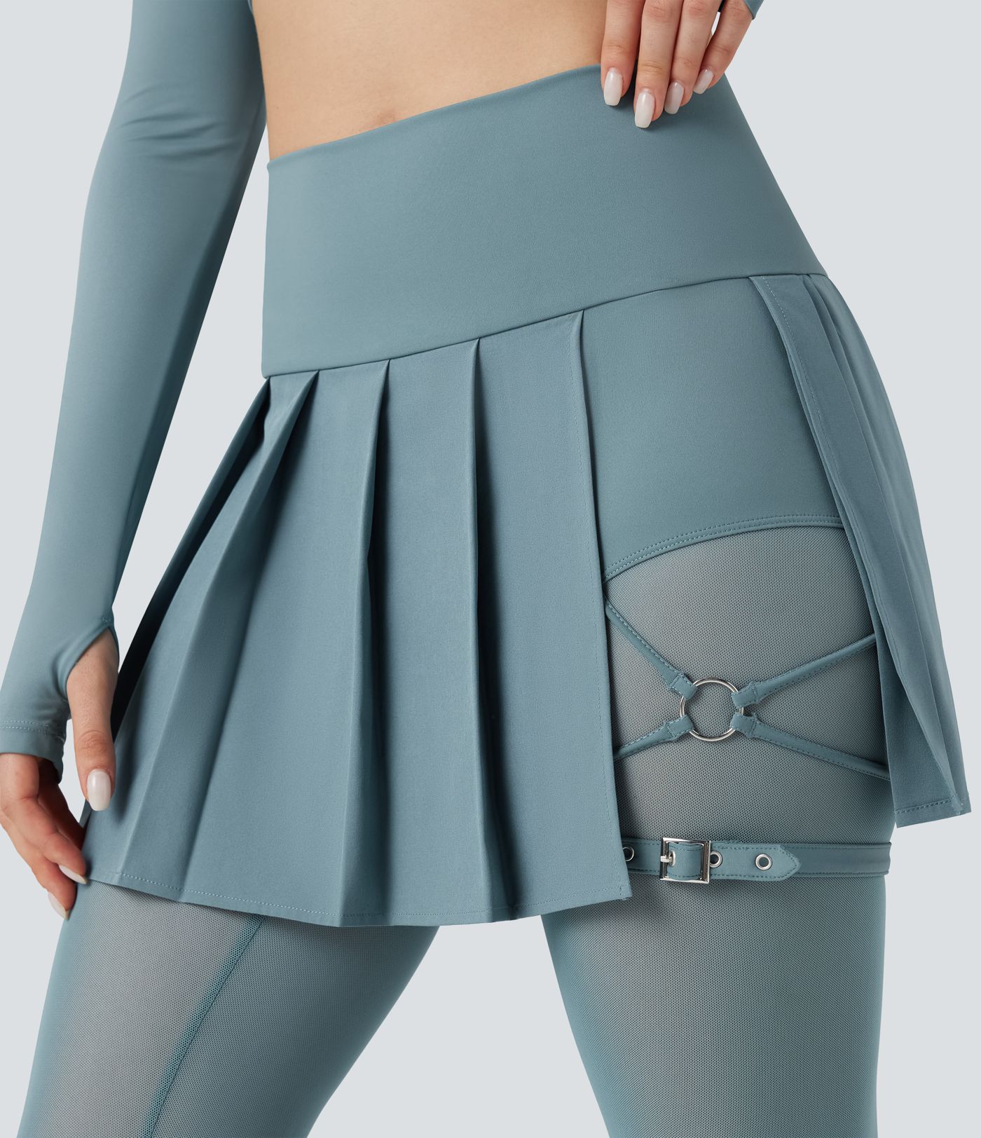 Breezeful™ High Waisted Pleated 2-in-1 Contrast Mesh Quick Dry Dance Stirrup Skirted Leggings with Pockets