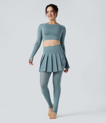 Breezeful™ High Waisted Pleated 2-in-1 Contrast Mesh Quick Dry Dance Stirrup Skirted Leggings with Pockets