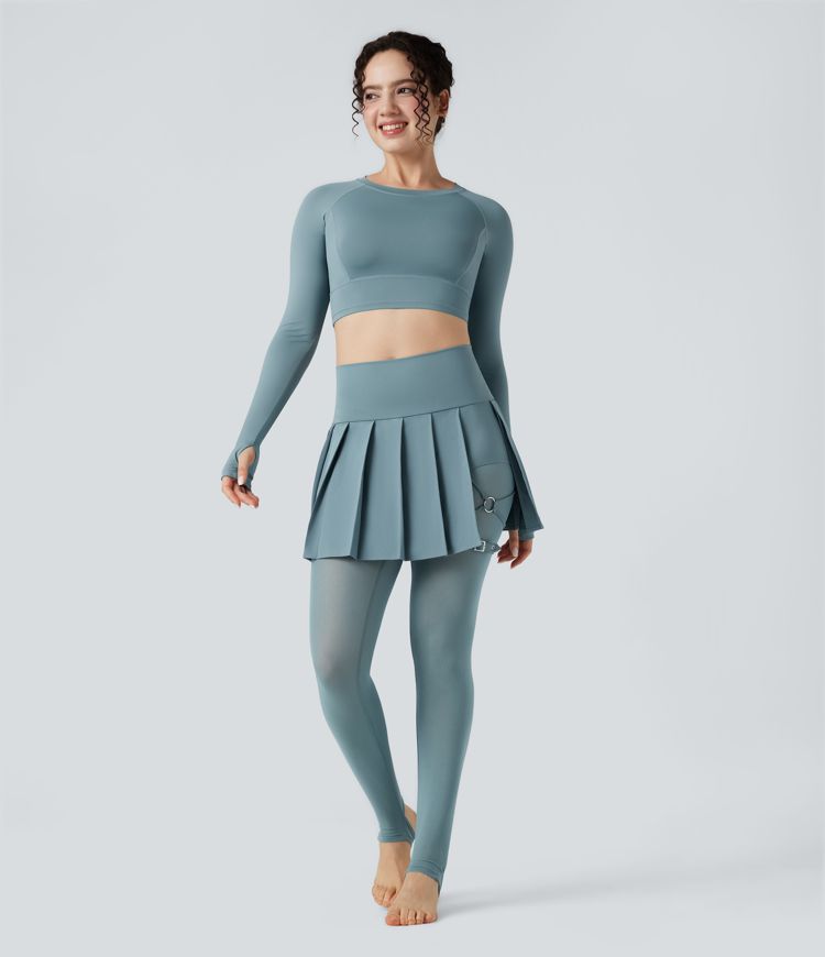 Breezeful™ High Waisted Pleated 2-in-1 Contrast Mesh Quick Dry Dance Stirrup Skirted Leggings with Pockets