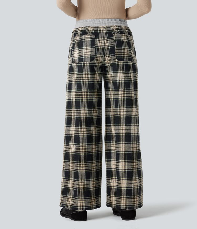 Halara Flex™ Mid Rise Drawstring Wide Leg Plaid Work Pants with Pockets