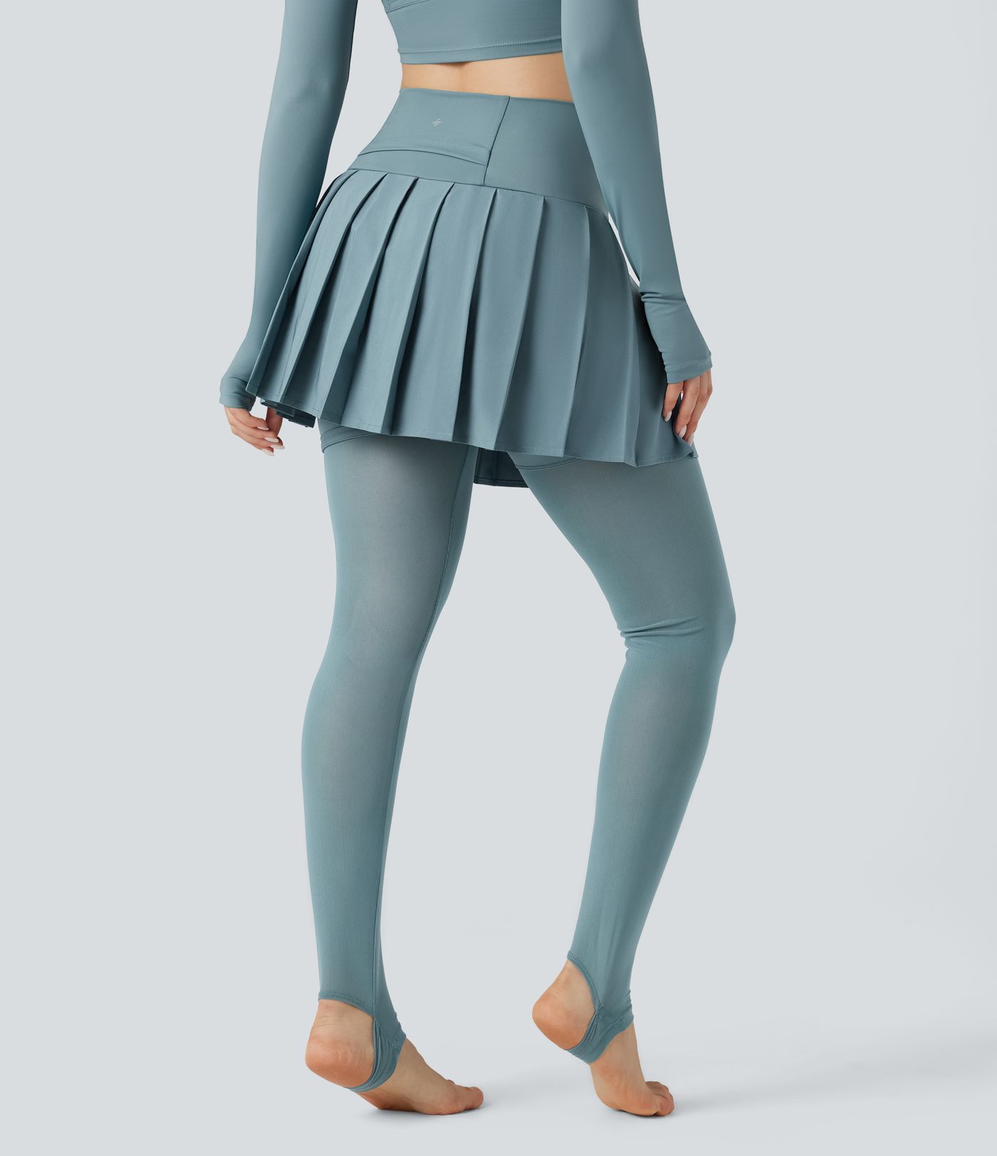 Breezeful™ High Waisted Pleated 2-in-1 Contrast Mesh Quick Dry Dance Stirrup Skirted Leggings with Pockets