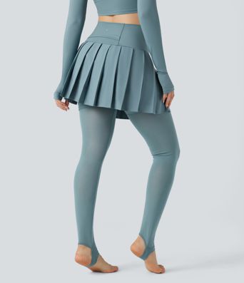 Breezeful™ High Waisted Pleated 2-in-1 Contrast Mesh Quick Dry Dance Stirrup Skirted Leggings with Pockets
