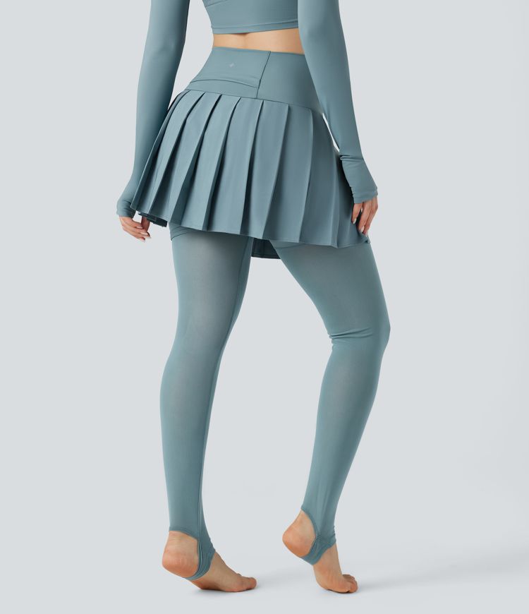 Breezeful™ High Waisted Pleated 2-in-1 Contrast Mesh Quick Dry Dance Stirrup Skirted Leggings with Pockets
