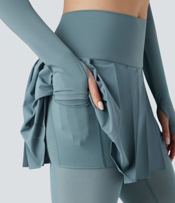 Breezeful™ High Waisted Pleated 2-in-1 Contrast Mesh Quick Dry Dance Stirrup Skirted Leggings with Pockets