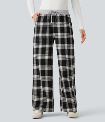 Halara Flex™ Mid Rise Drawstring Wide Leg Plaid Work Pants with Pockets