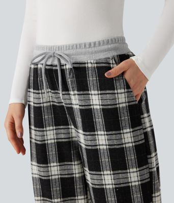 Halara Flex™ Mid Rise Drawstring Wide Leg Plaid Work Pants with Pockets