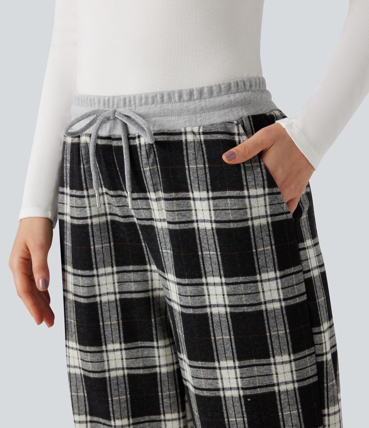Halara Flex™ Mid Rise Drawstring Wide Leg Plaid Work Pants with Pockets
