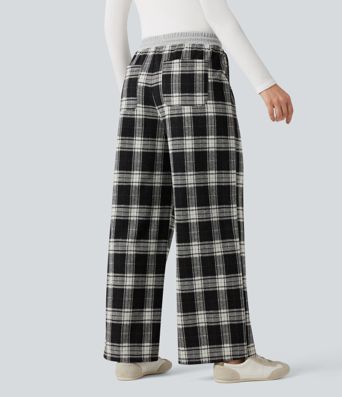 Halara Flex™ Mid Rise Drawstring Wide Leg Plaid Work Pants with Pockets
