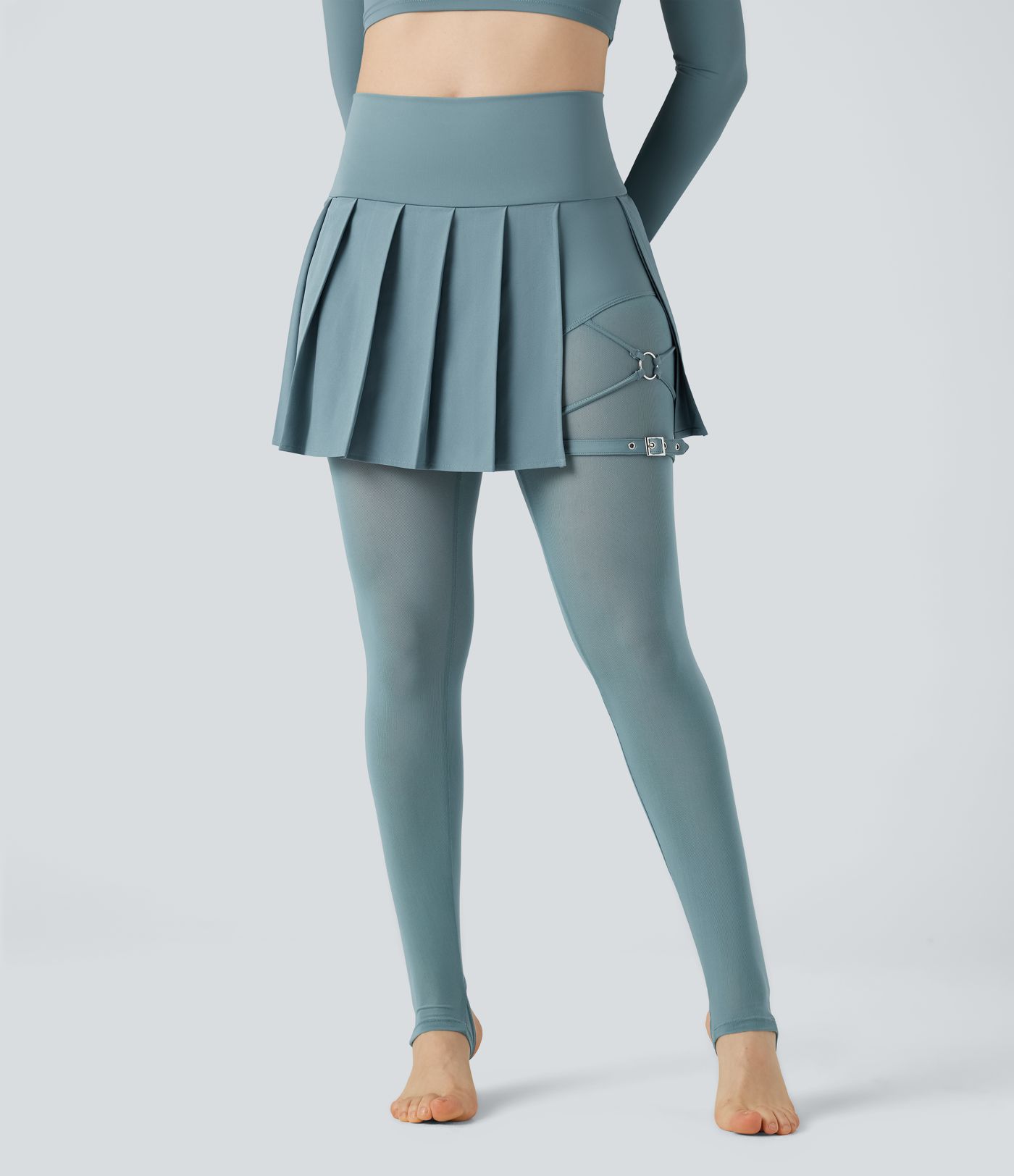 Breezeful™ High Waisted Pleated 2-in-1 Contrast Mesh Quick Dry Dance Stirrup Skirted Leggings with Pockets