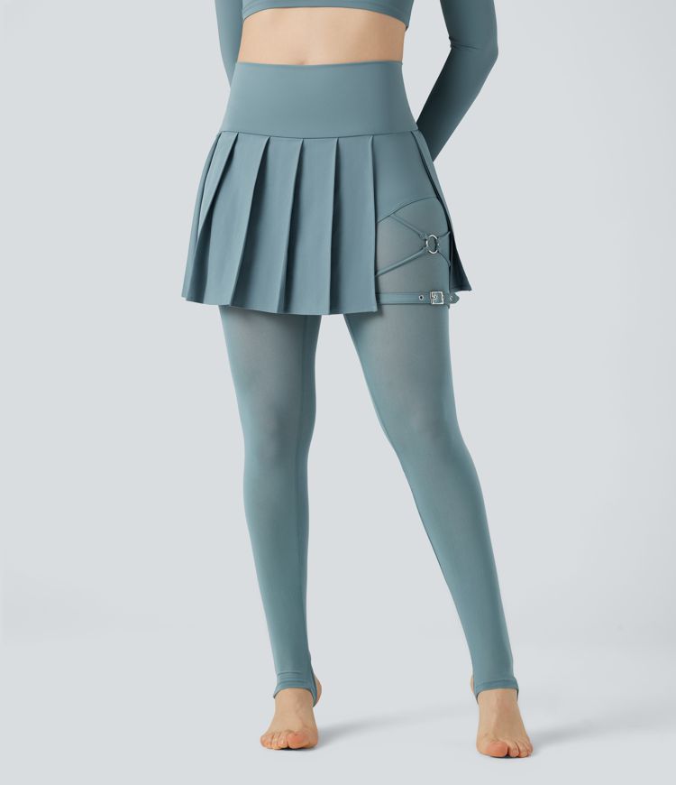 Breezeful™ High Waisted Pleated 2-in-1 Contrast Mesh Quick Dry Dance Stirrup Skirted Leggings with Pockets