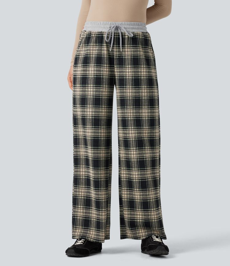 Halara Flex™ Mid Rise Drawstring Wide Leg Plaid Work Pants with Pockets
