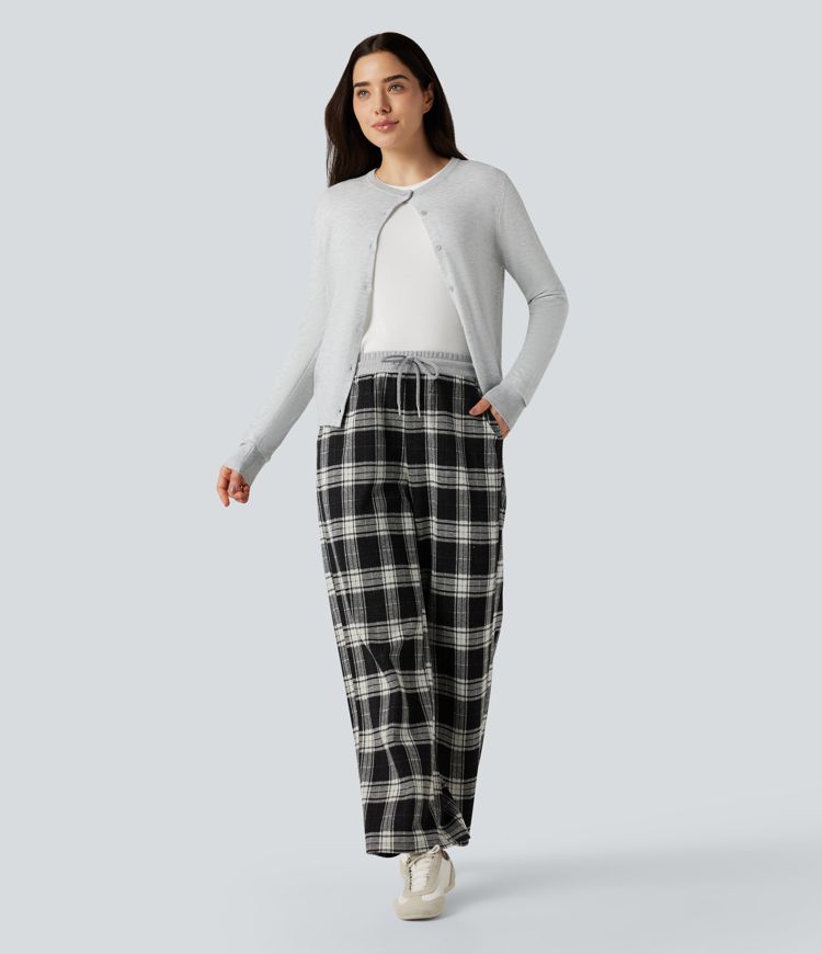 Halara Flex™ Mid Rise Drawstring Wide Leg Plaid Work Pants with Pockets