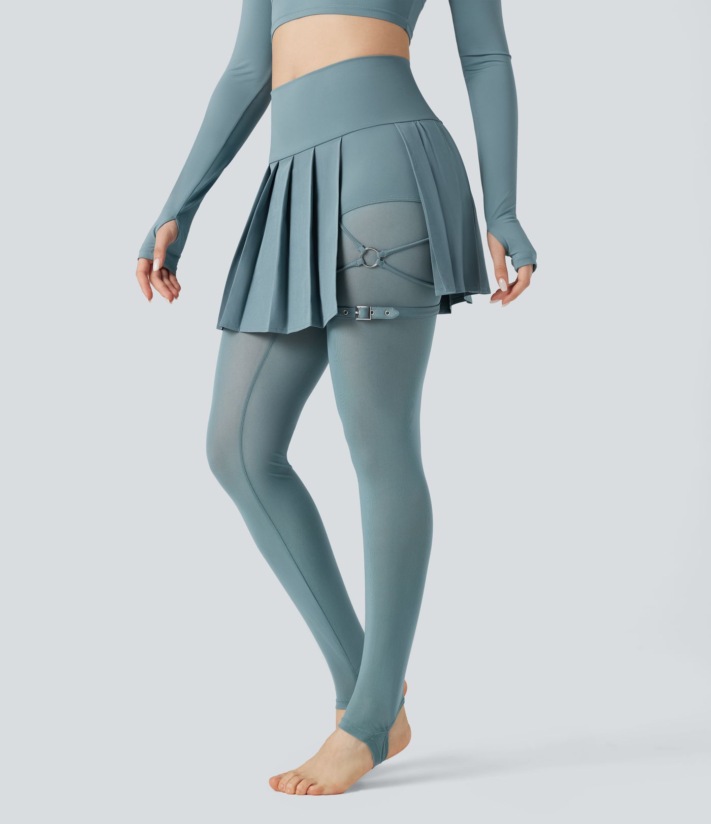 Breezeful™ High Waisted Pleated 2-in-1 Contrast Mesh Quick Dry Dance Stirrup Skirted Leggings with Pockets