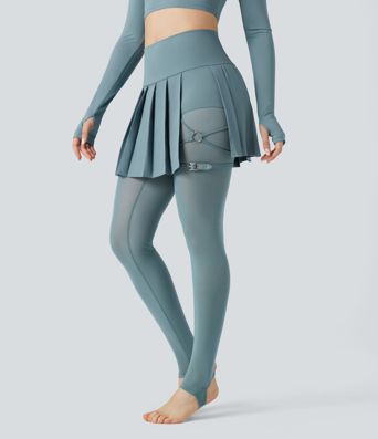 Breezeful™ High Waisted Pleated 2-in-1 Contrast Mesh Quick Dry Dance Stirrup Skirted Leggings with Pockets