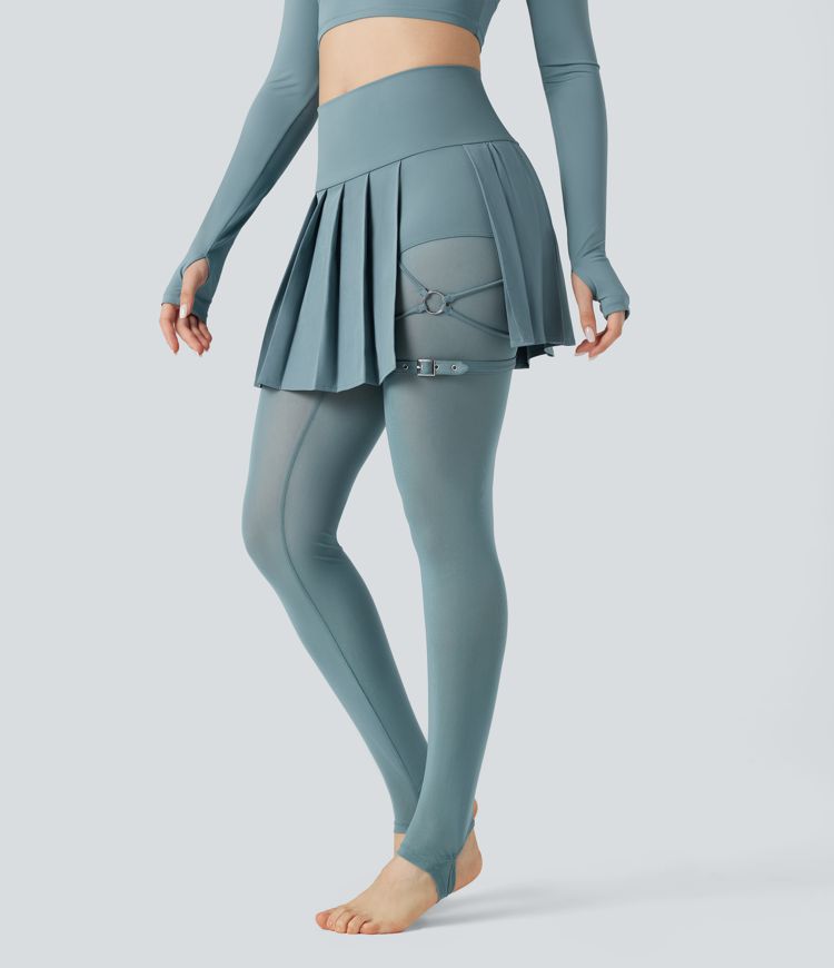 Breezeful™ High Waisted Pleated 2-in-1 Contrast Mesh Quick Dry Dance Stirrup Skirted Leggings with Pockets
