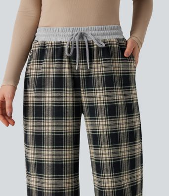 Halara Flex™ Mid Rise Drawstring Wide Leg Plaid Work Pants with Pockets
