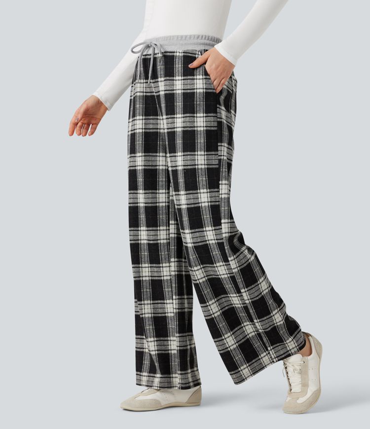Mid Rise Drawstring Wide Leg Plaid Work Pants with Pockets