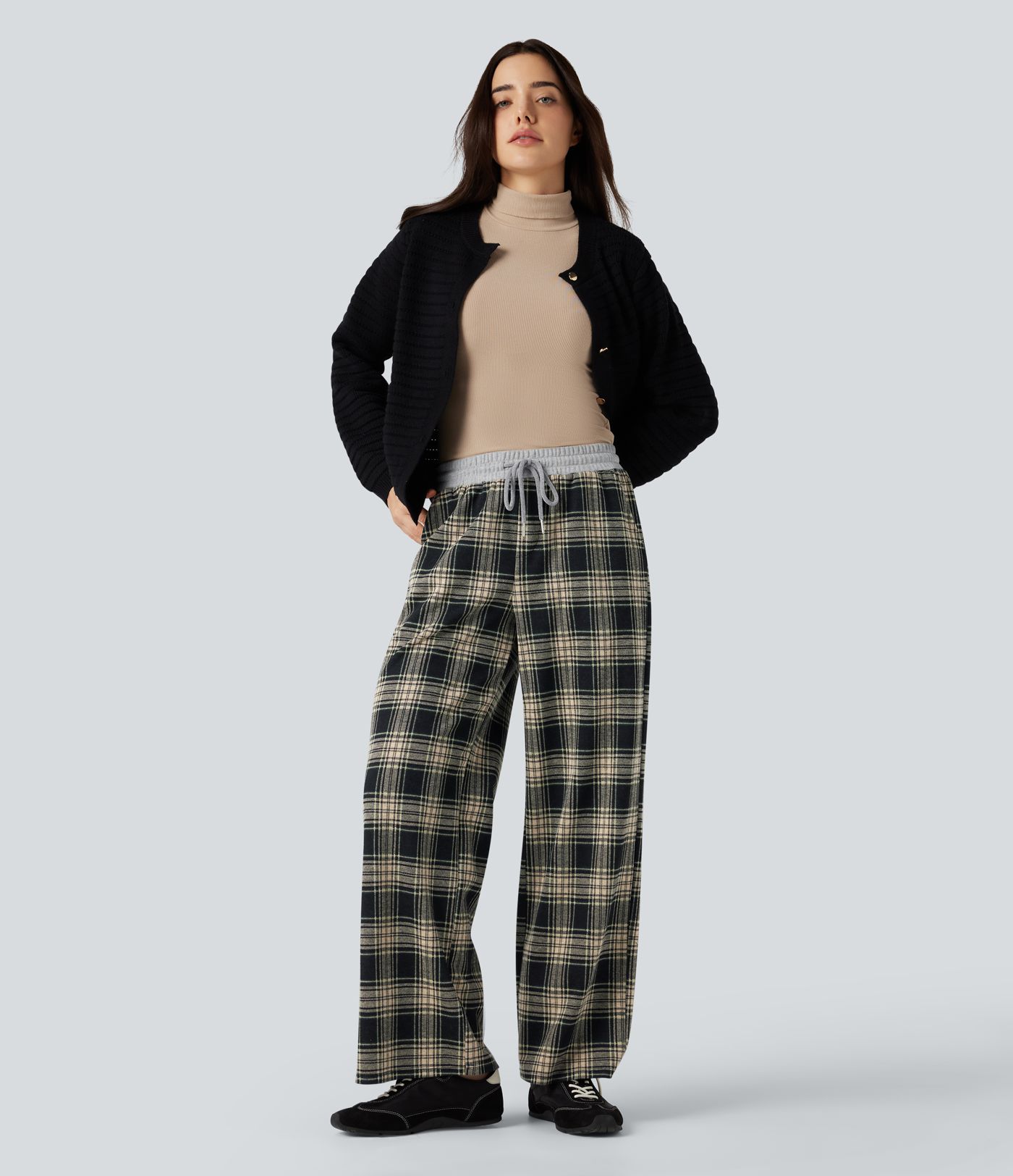 Halara Flex™ Mid Rise Drawstring Wide Leg Plaid Work Pants with Pockets