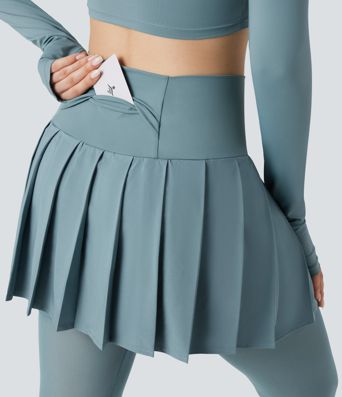 Breezeful™ High Waisted Pleated 2-in-1 Contrast Mesh Quick Dry Dance Stirrup Skirted Leggings with Pockets