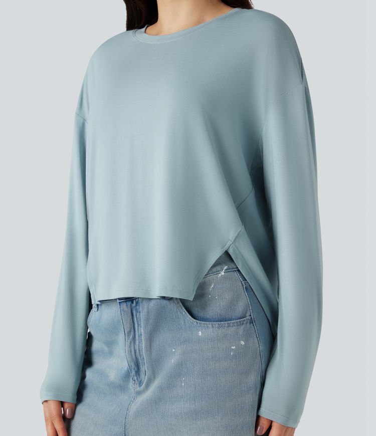 Round Neck Long Sleeve High Low Casual Top