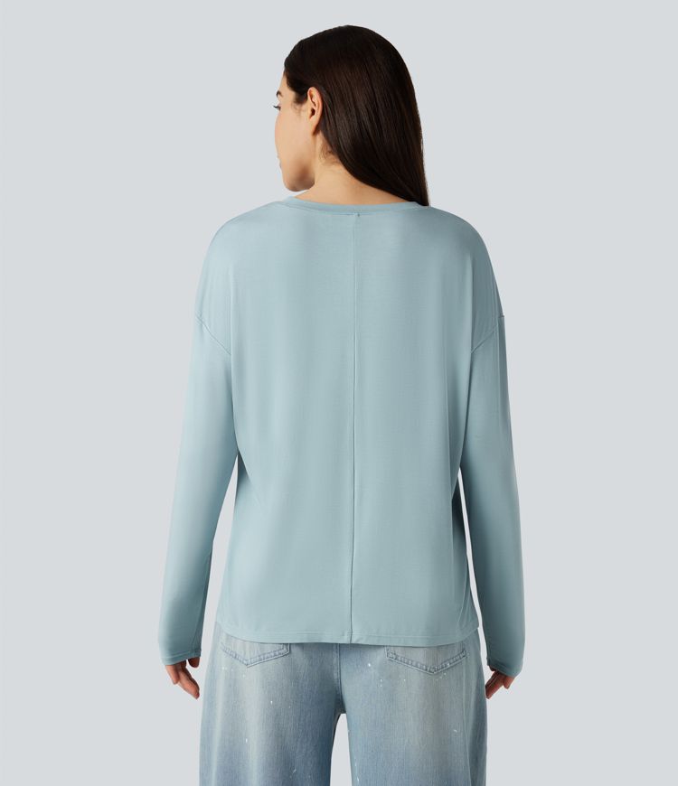 Round Neck Long Sleeve High Low Casual Top