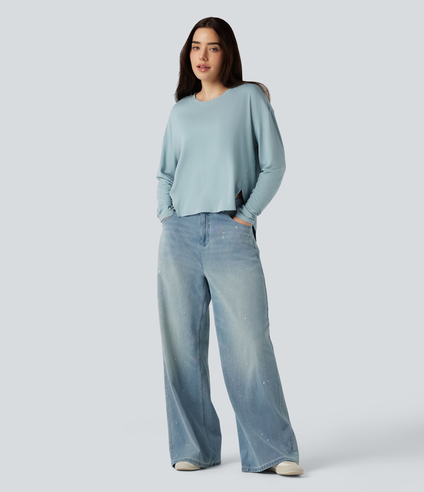 Round Neck Long Sleeve High Low Casual Top