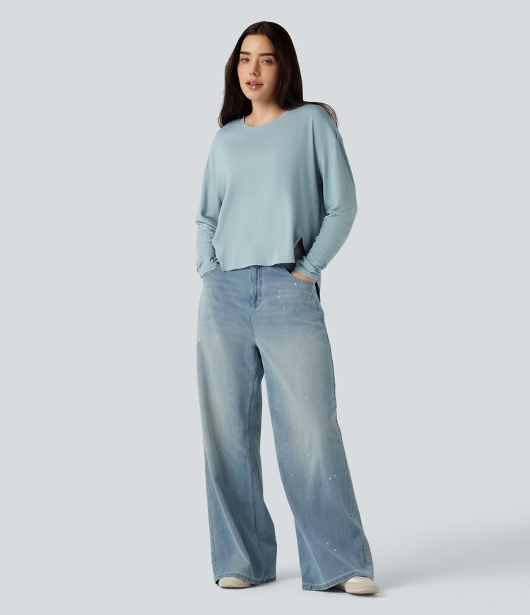 Round Neck Long Sleeve High Low Casual Top