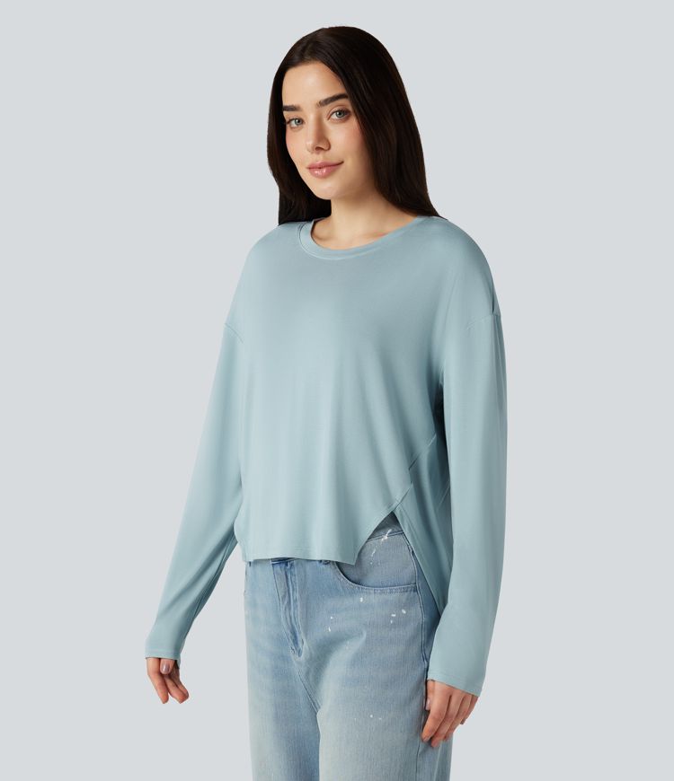 Round Neck Long Sleeve High Low Casual Top
