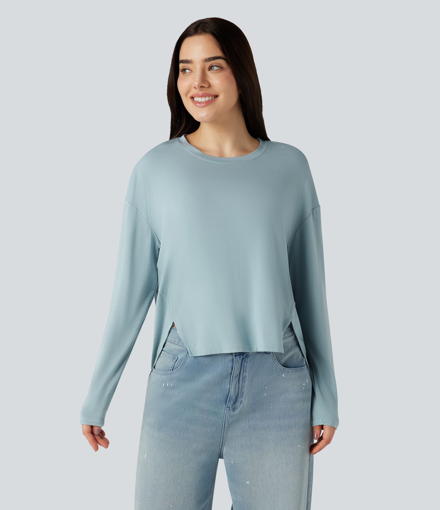 Round Neck Long Sleeve High Low Casual Top
