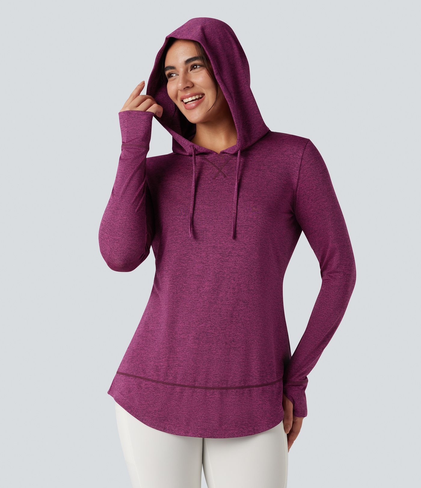 Hooded Drawstring Long Sleeve Thumb Hole Curved Hem Yoga Sports Top