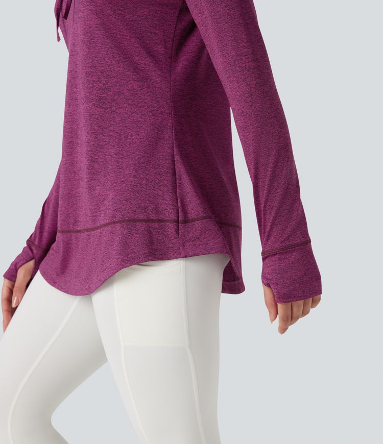 Hooded Drawstring Long Sleeve Thumb Hole Curved Hem Yoga Sports Top