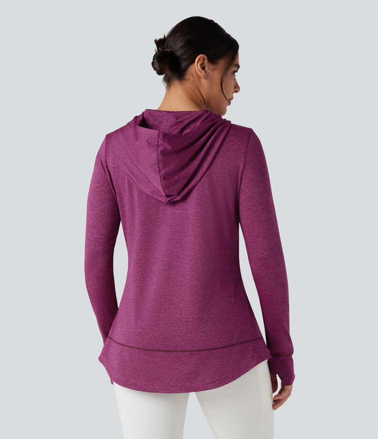 Hooded Drawstring Long Sleeve Thumb Hole Curved Hem Yoga Sports Top