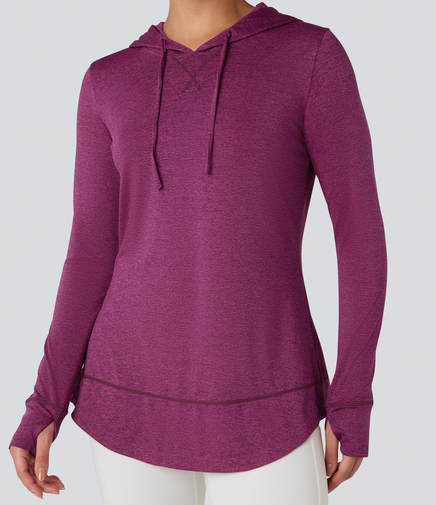 Hooded Drawstring Long Sleeve Thumb Hole Curved Hem Yoga Sports Top