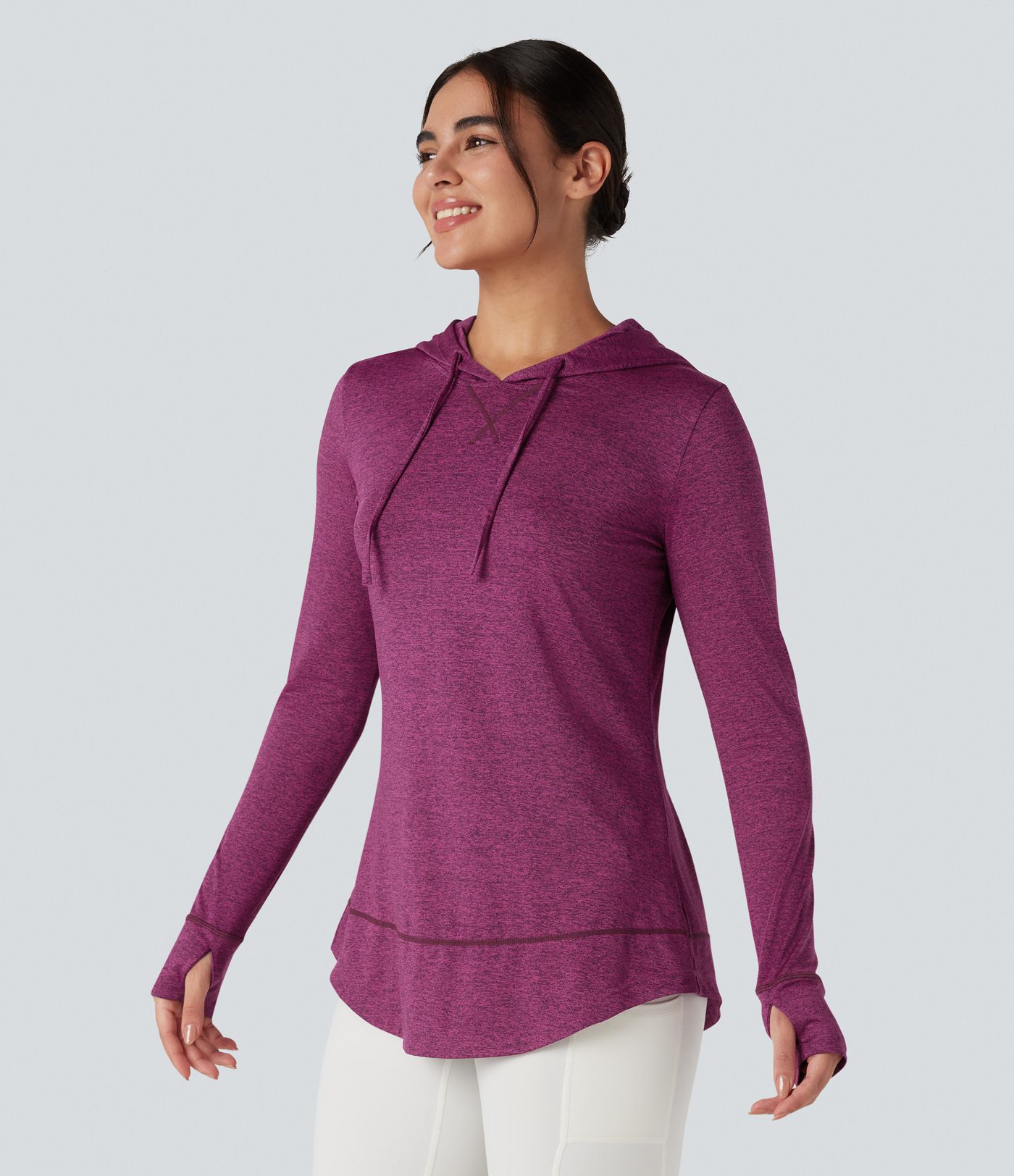 Hooded Drawstring Long Sleeve Thumb Hole Curved Hem Yoga Sports Top