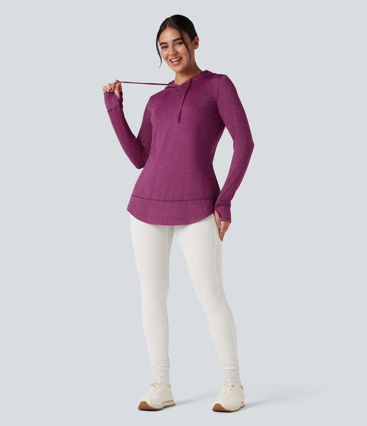 Hooded Drawstring Long Sleeve Thumb Hole Curved Hem Yoga Sports Top