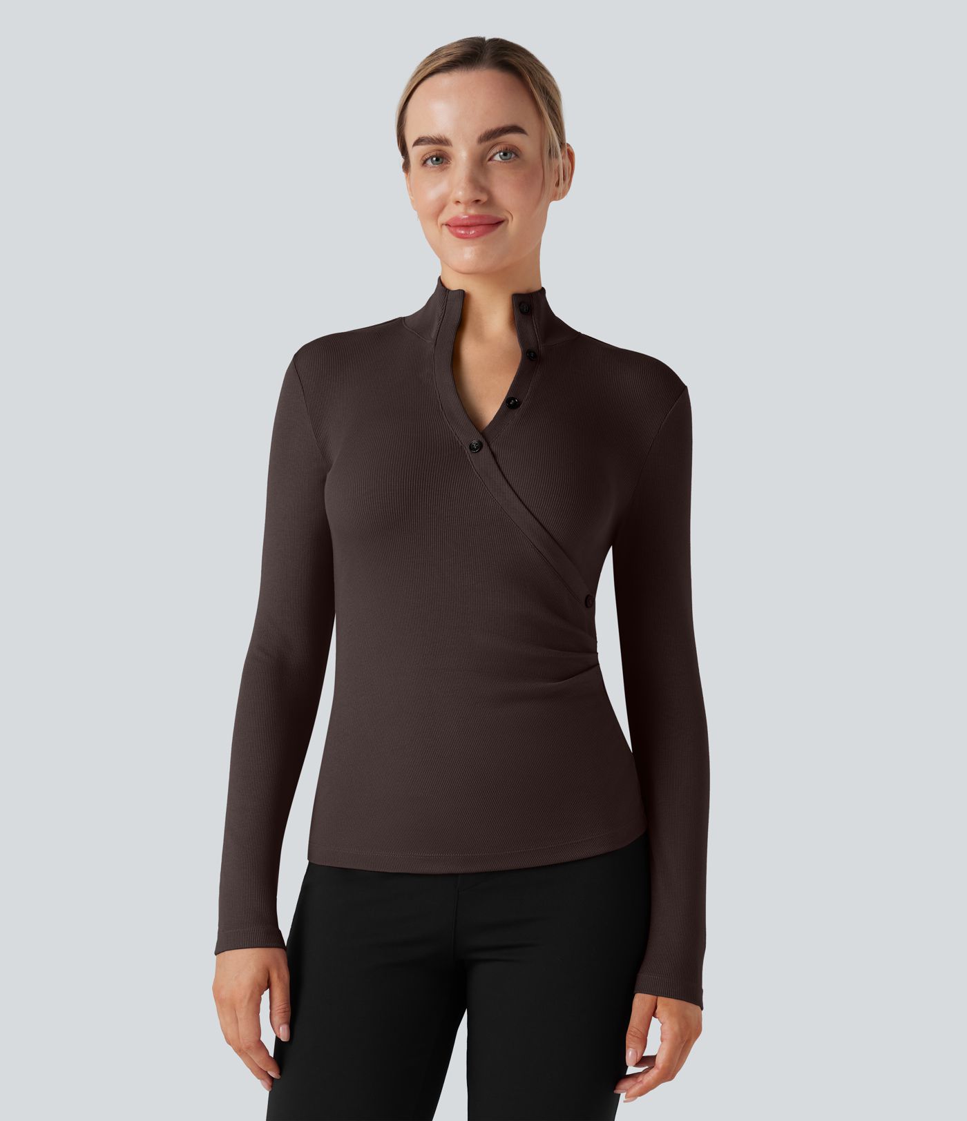 Ribbed Stand Collar Long Sleeve Work T-Shirt