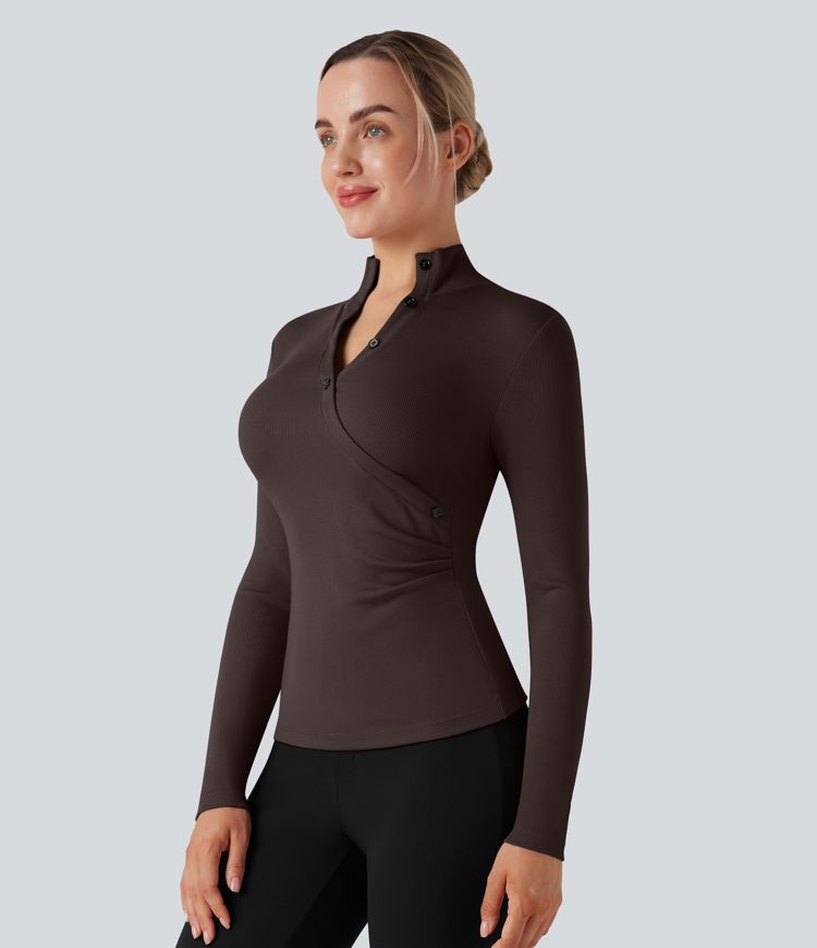 T-shirt tailleur côtelé col montant manches longues