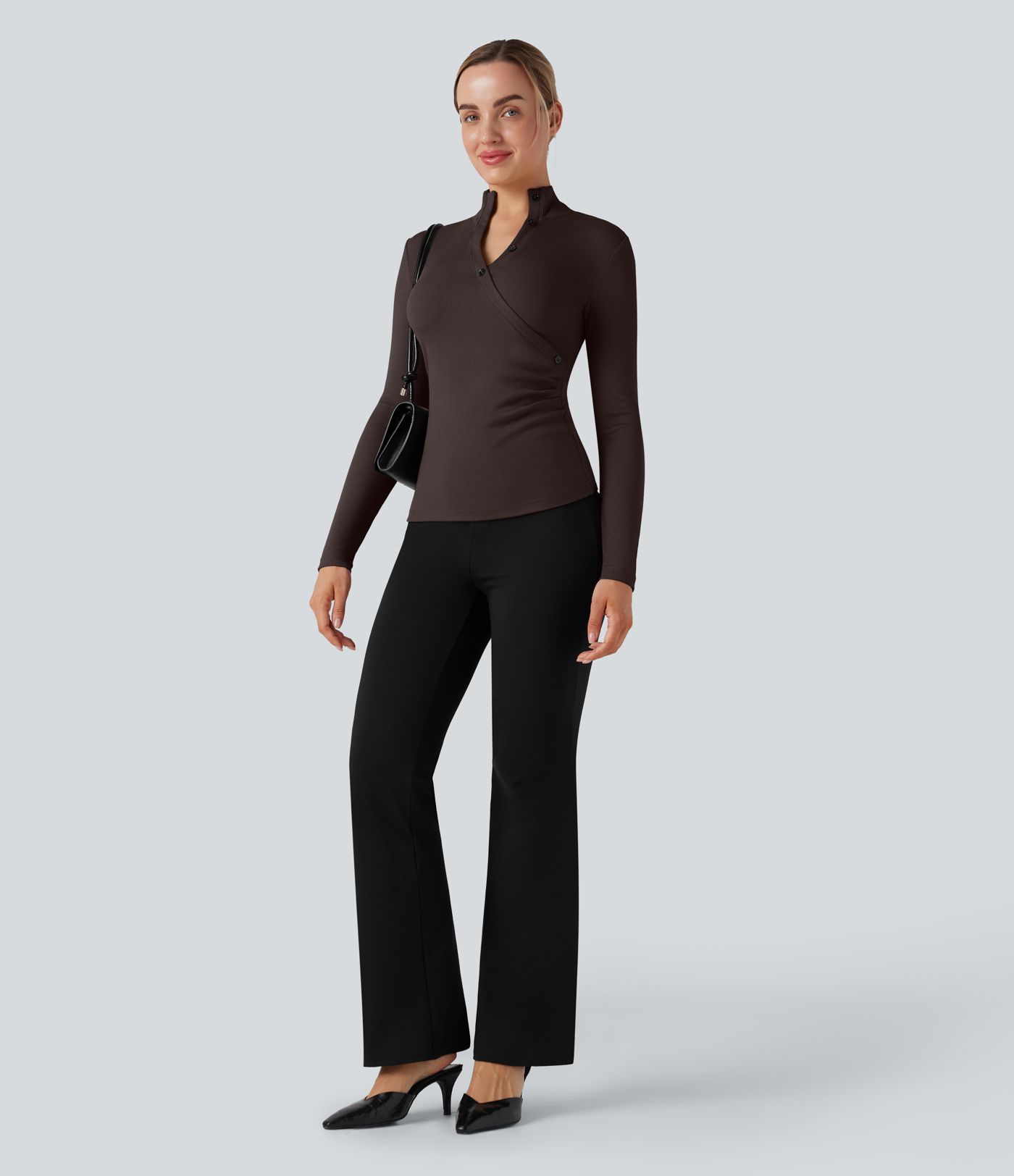 Ribbed Stand Collar Long Sleeve Work T-Shirt