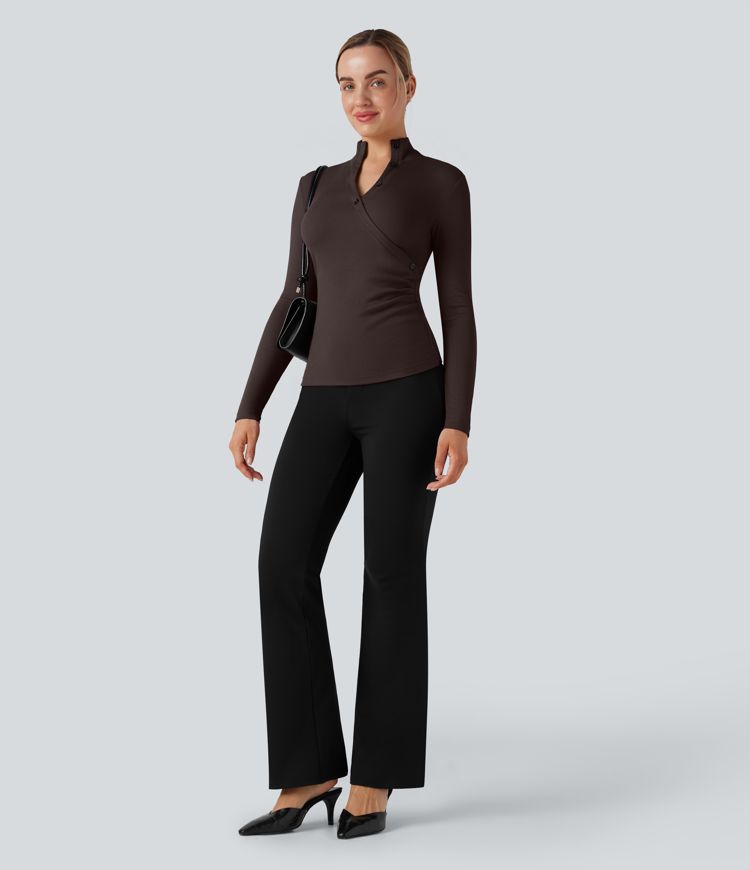 T-shirt tailleur côtelé col montant manches longues