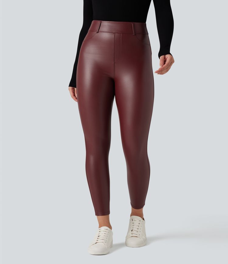 High Waisted Stretchy PU Fleece Casual Trousers with Pockets