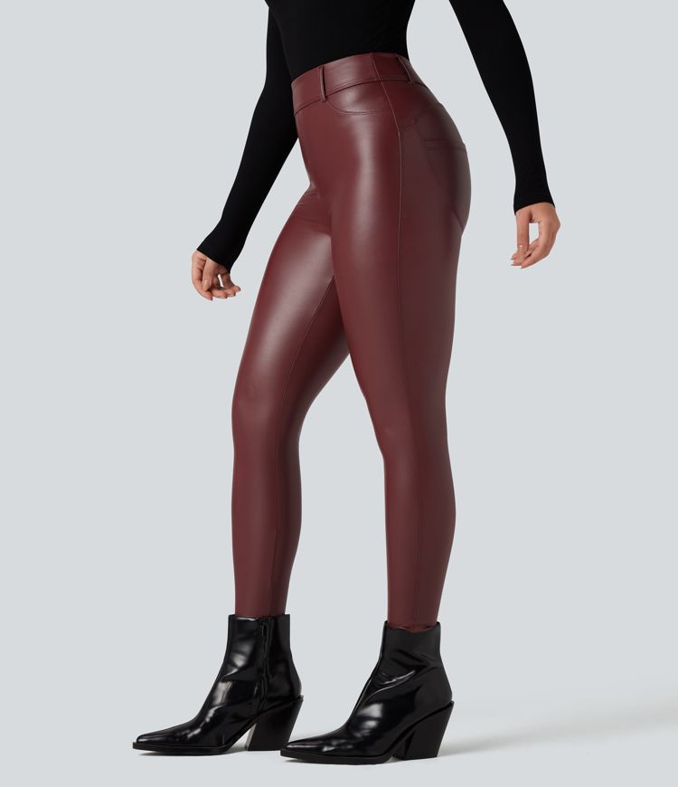 High Waisted Stretchy PU Fleece Casual Leggings with Pockets