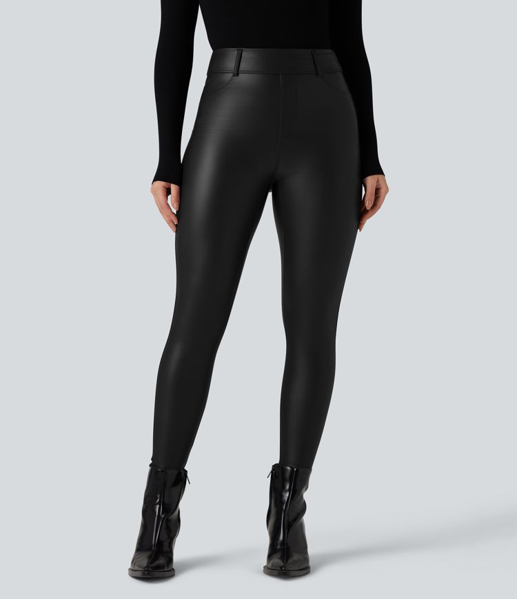 High Waisted Stretchy PU Fleece Casual Leggings with Pockets