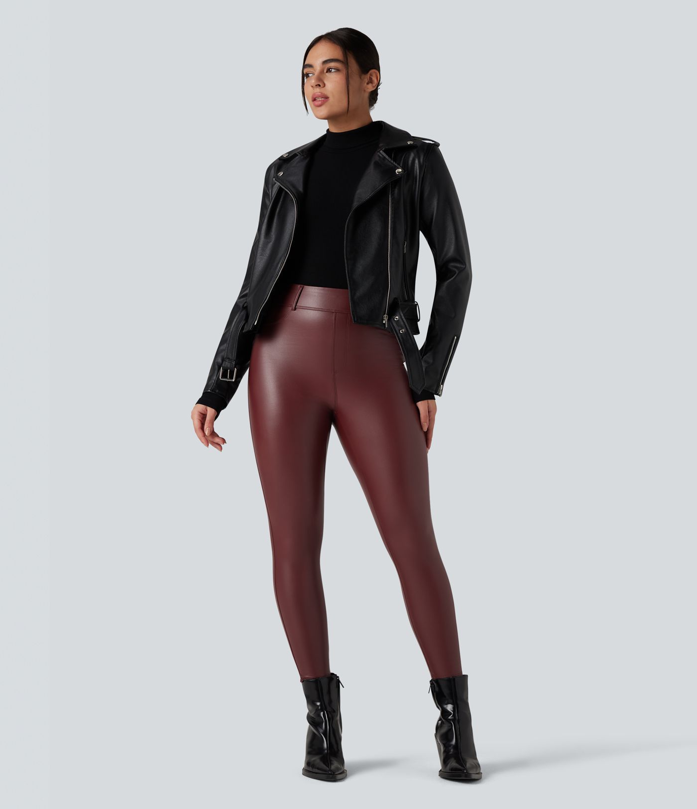 High Waisted Stretchy PU Fleece Casual Leggings with Pockets