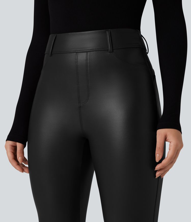 High Waisted Stretchy PU Fleece Casual Leggings with Pockets