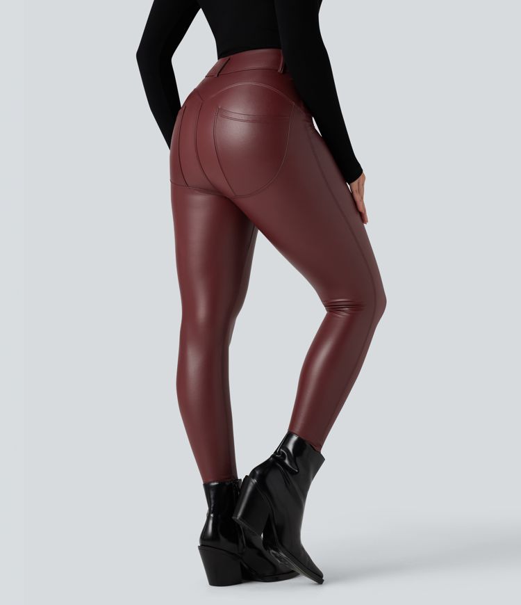 Lässige Leggings aus dehnbarem Kunstleder mit hohem Bund und Gesäßtaschen