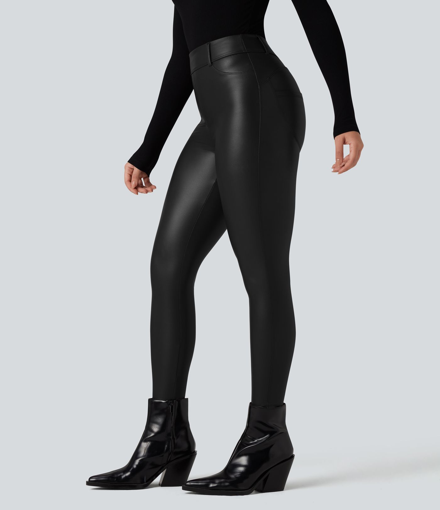 High Waisted Stretchy PU Fleece Casual Leggings with Pockets