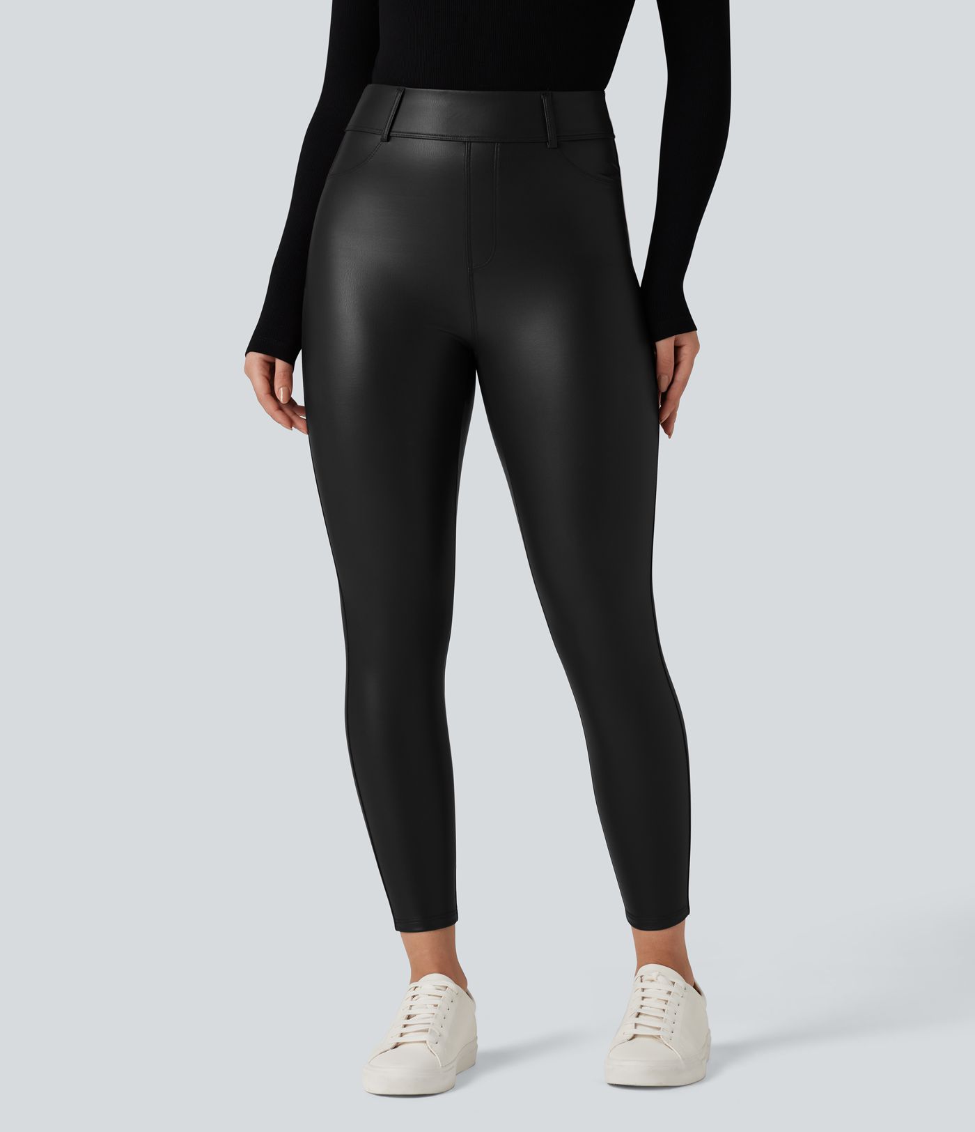 High Waisted Stretchy PU Fleece Casual Leggings with Pockets