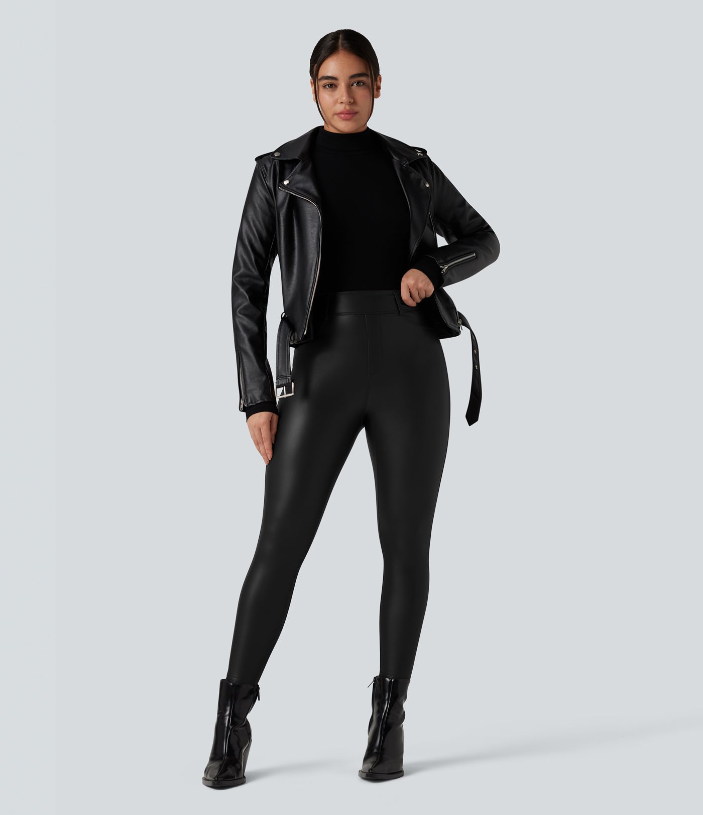 High Waisted Stretchy PU Fleece Casual Leggings with Pockets