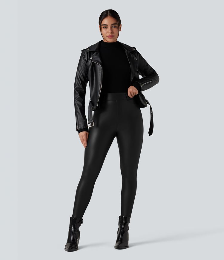 High Waisted Stretchy PU Fleece Casual Leggings with Pockets