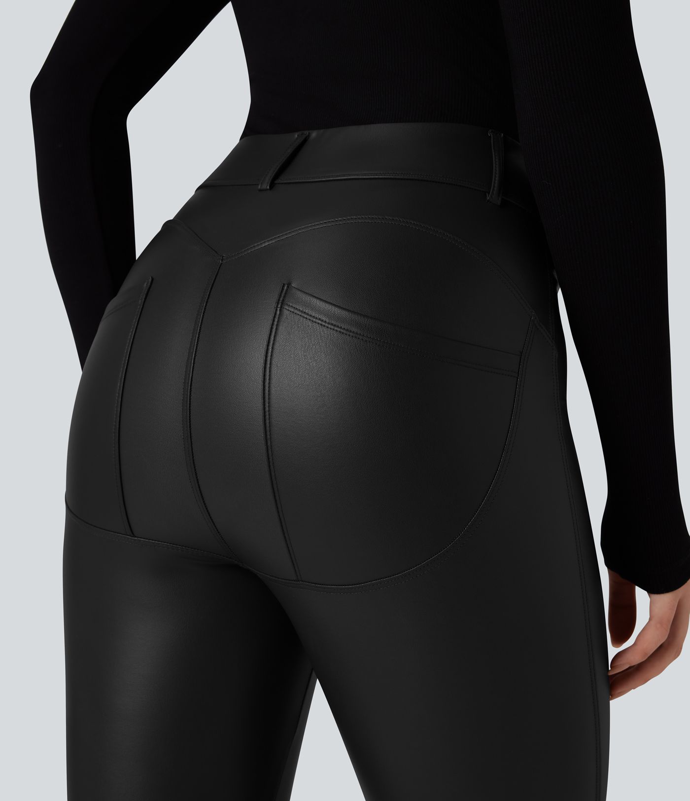 High Waisted Stretchy PU Fleece Casual Leggings with Pockets